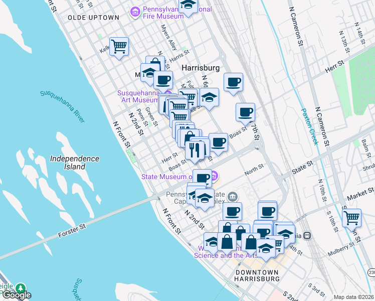 map of restaurants, bars, coffee shops, grocery stores, and more near 259 Herr Street in Harrisburg