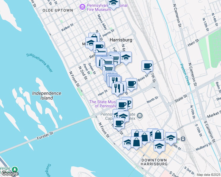 map of restaurants, bars, coffee shops, grocery stores, and more near 259 Herr Street in Harrisburg