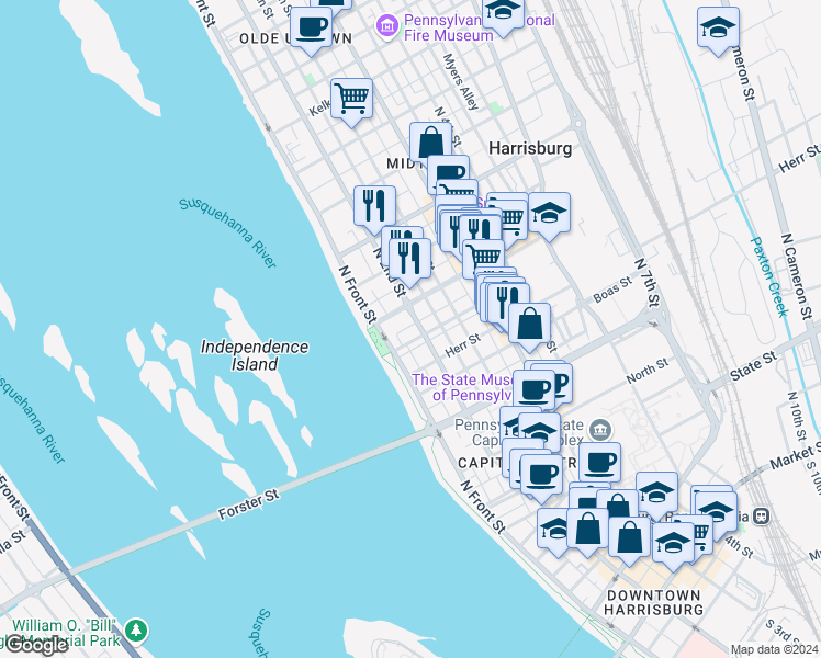 map of restaurants, bars, coffee shops, grocery stores, and more near 116 Cumberland Street in Harrisburg