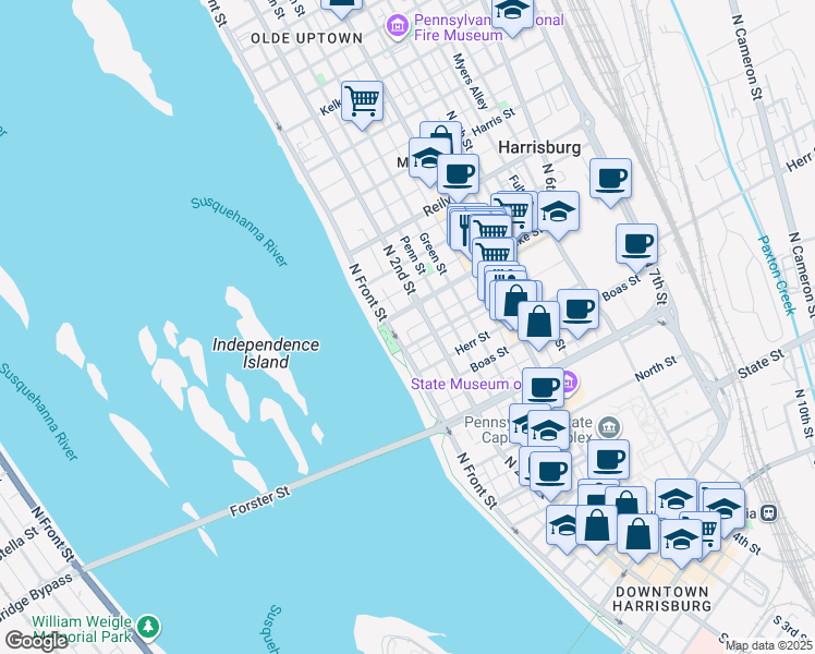 map of restaurants, bars, coffee shops, grocery stores, and more near 116 Cumberland Street in Harrisburg