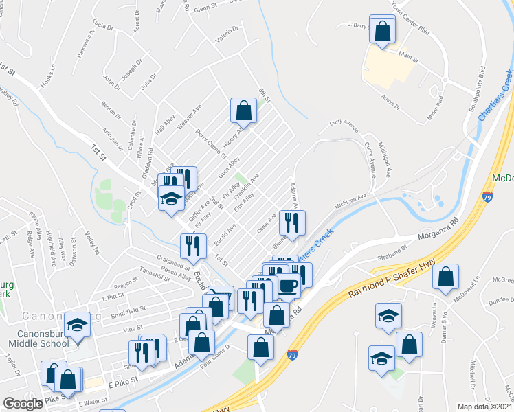 map of restaurants, bars, coffee shops, grocery stores, and more near 521 Duquesne Avenue in Canonsburg