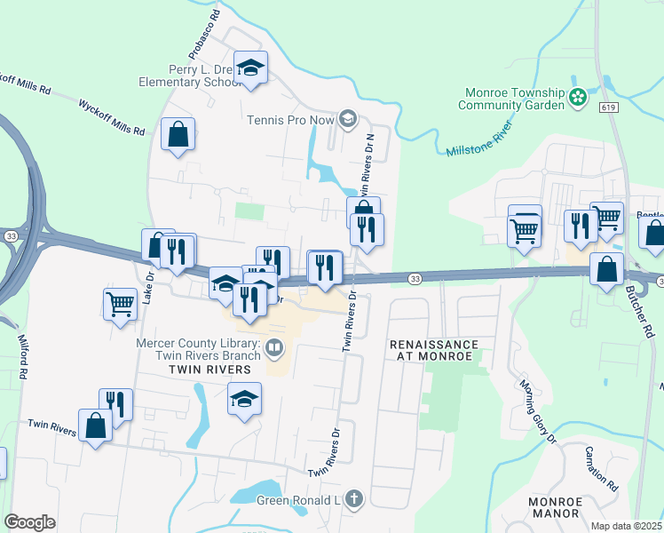 map of restaurants, bars, coffee shops, grocery stores, and more near P3 Avon Drive in East Windsor