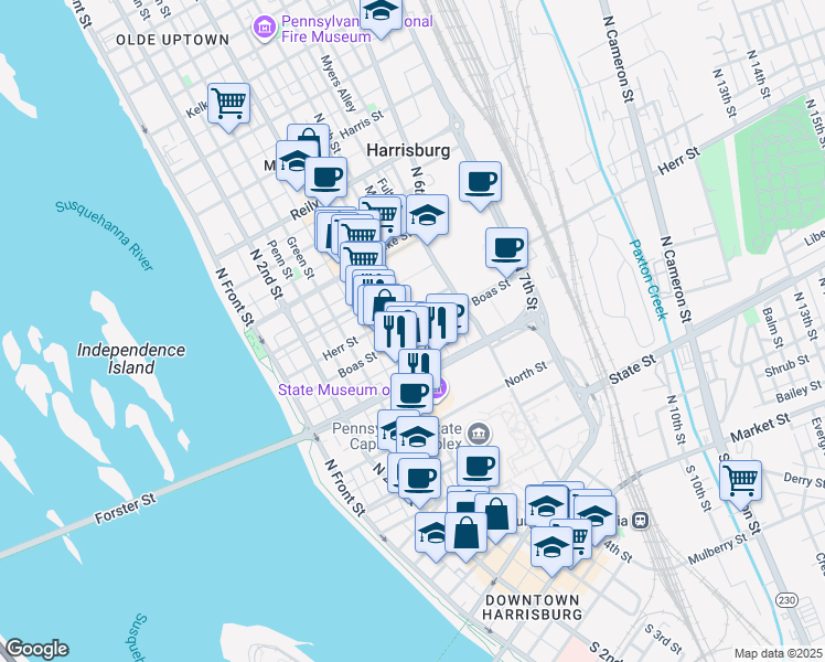 map of restaurants, bars, coffee shops, grocery stores, and more near 316 Boas Street in Harrisburg
