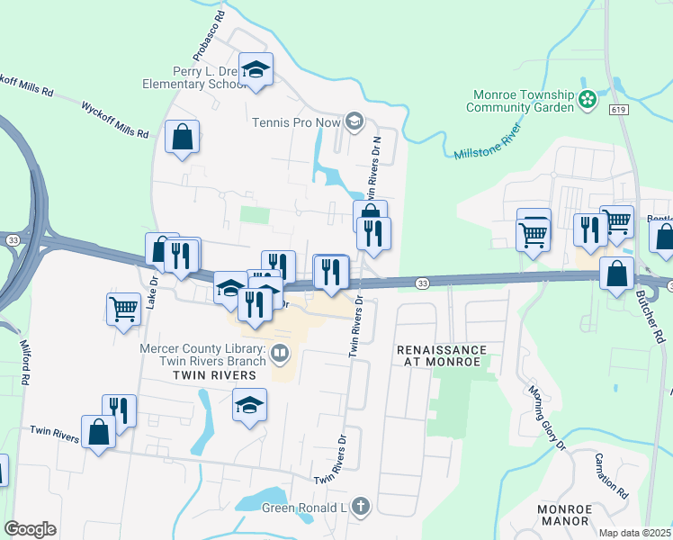map of restaurants, bars, coffee shops, grocery stores, and more near P3 Avon Drive in East Windsor
