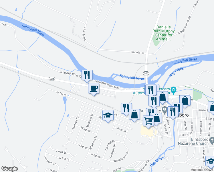 map of restaurants, bars, coffee shops, grocery stores, and more near 264 Schuylkill Road in Birdsboro