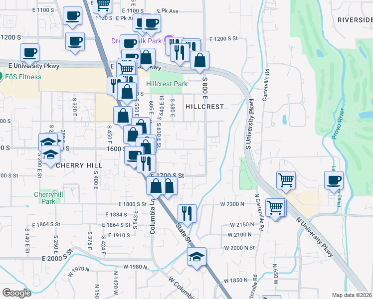 map of restaurants, bars, coffee shops, grocery stores, and more near 736 East 1600 South Street in Orem