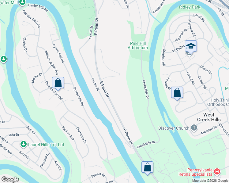 map of restaurants, bars, coffee shops, grocery stores, and more near East Penn Drive in Enola