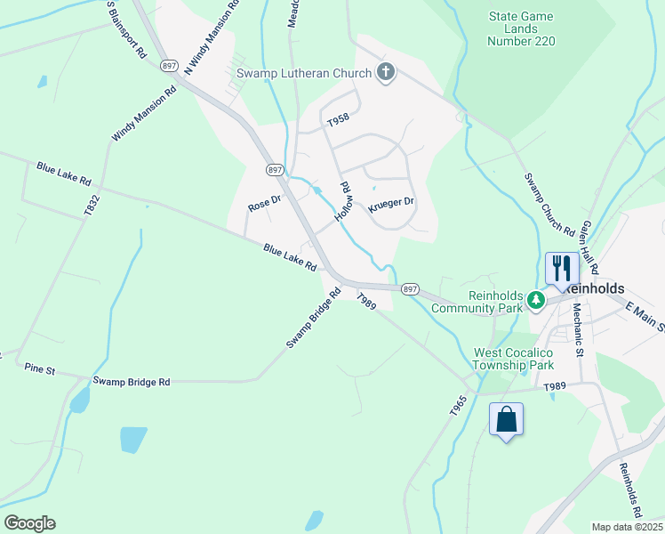 map of restaurants, bars, coffee shops, grocery stores, and more near 300 Pennsylvania 897 in Reinholds