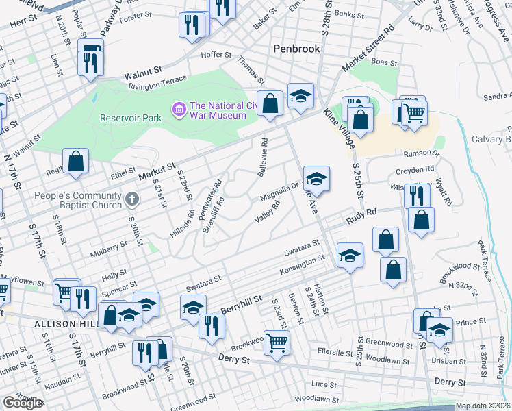 map of restaurants, bars, coffee shops, grocery stores, and more near 2313 Oakwood Road in Harrisburg