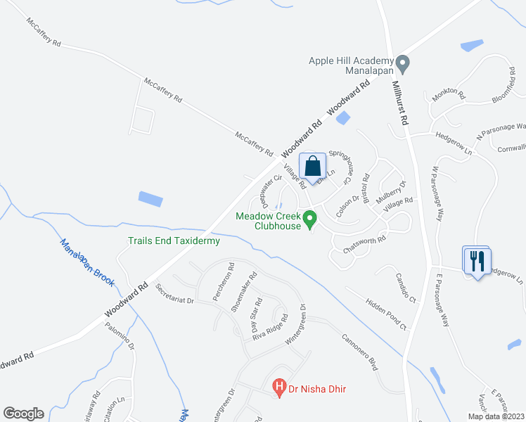 map of restaurants, bars, coffee shops, grocery stores, and more near 92 Deepwater Circle in Manalapan Township
