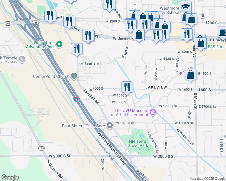 map of restaurants, bars, coffee shops, grocery stores, and more near 458 West 1640 South in Orem