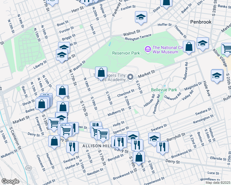 map of restaurants, bars, coffee shops, grocery stores, and more near 1931 Zarker Street in Harrisburg