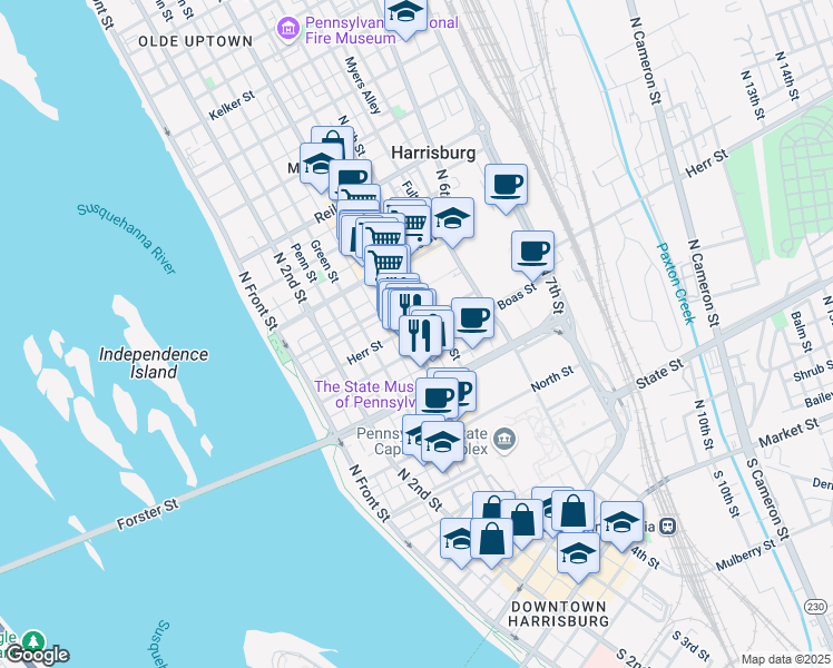 map of restaurants, bars, coffee shops, grocery stores, and more near 1015 North 3rd Street in Harrisburg