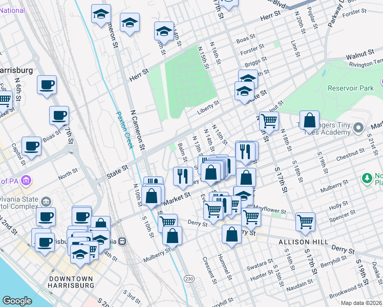 map of restaurants, bars, coffee shops, grocery stores, and more near 1238 Walnut Street in Harrisburg