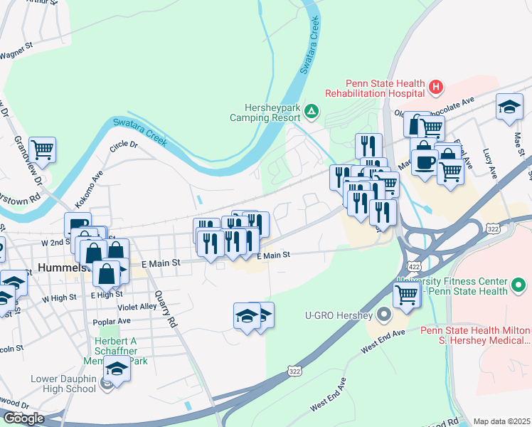 map of restaurants, bars, coffee shops, grocery stores, and more near 160 Townsend Drive in Hummelstown
