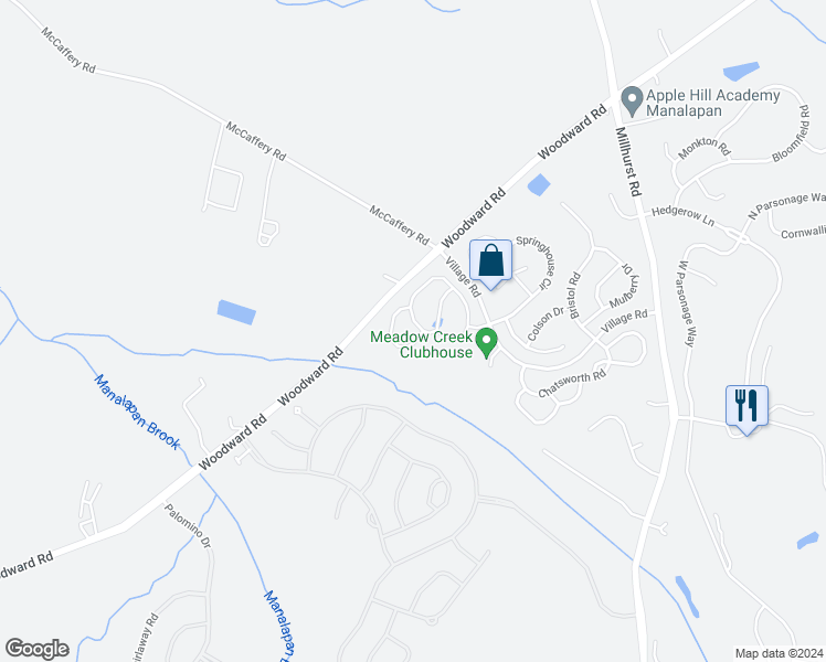 map of restaurants, bars, coffee shops, grocery stores, and more near 92 Deepwater Circle in Manalapan Township