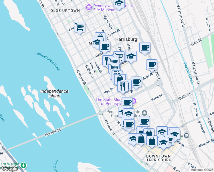 map of restaurants, bars, coffee shops, grocery stores, and more near 1120 Green Street in Harrisburg