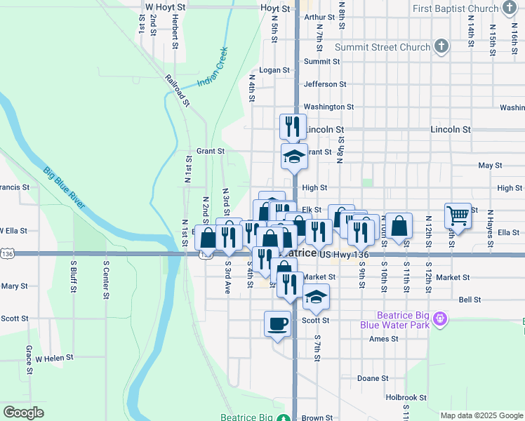 map of restaurants, bars, coffee shops, grocery stores, and more near 215 North 5th Street in Beatrice