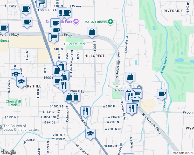 map of restaurants, bars, coffee shops, grocery stores, and more near 1635 South 800 East in Orem