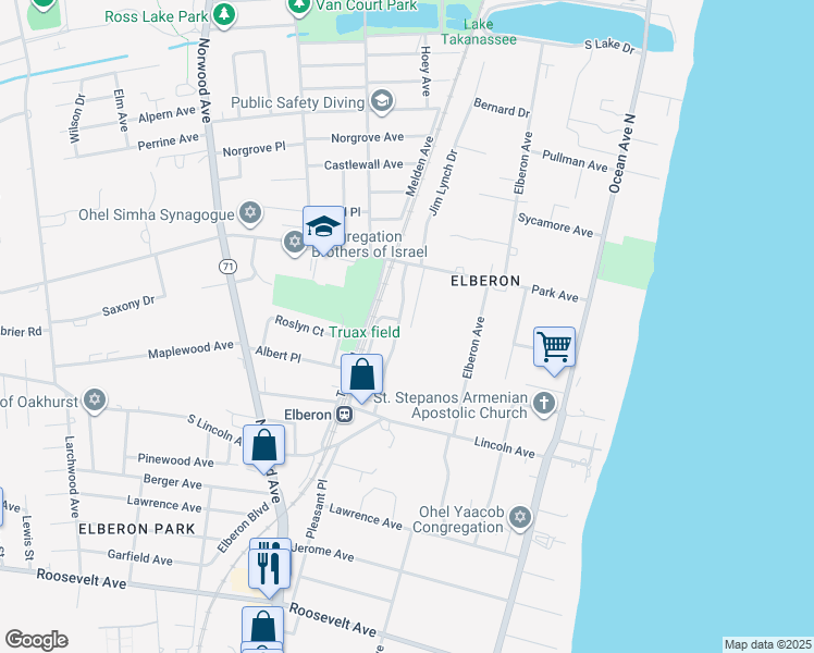 map of restaurants, bars, coffee shops, grocery stores, and more near 1173 Lincoln Court in Long Branch