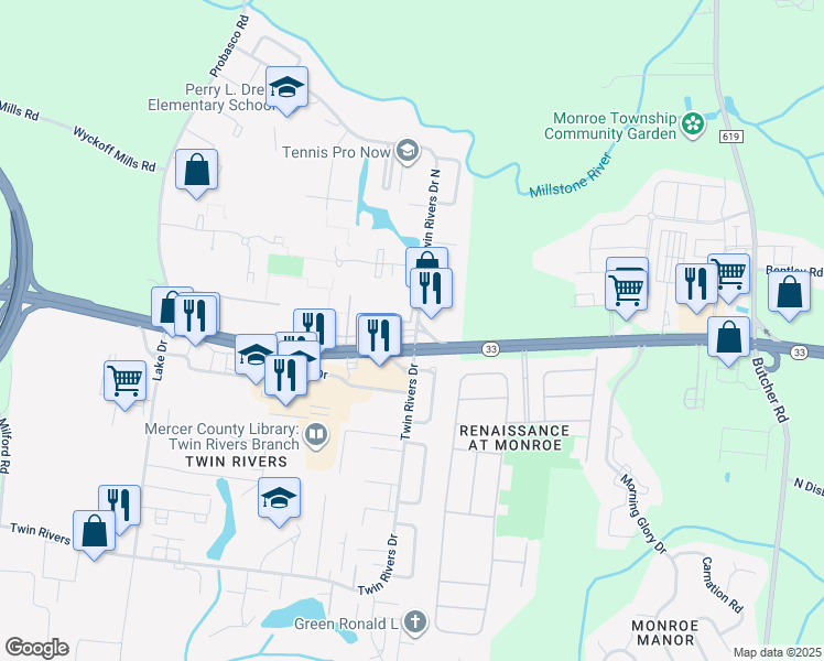 map of restaurants, bars, coffee shops, grocery stores, and more near 685 Avon Drive in East Windsor
