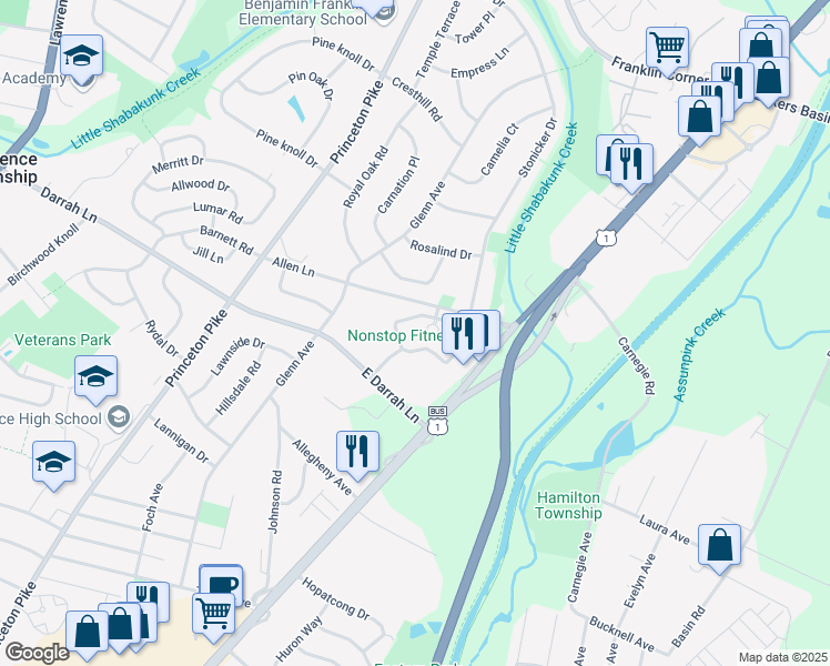 map of restaurants, bars, coffee shops, grocery stores, and more near 1421 Colts Circle in Trenton