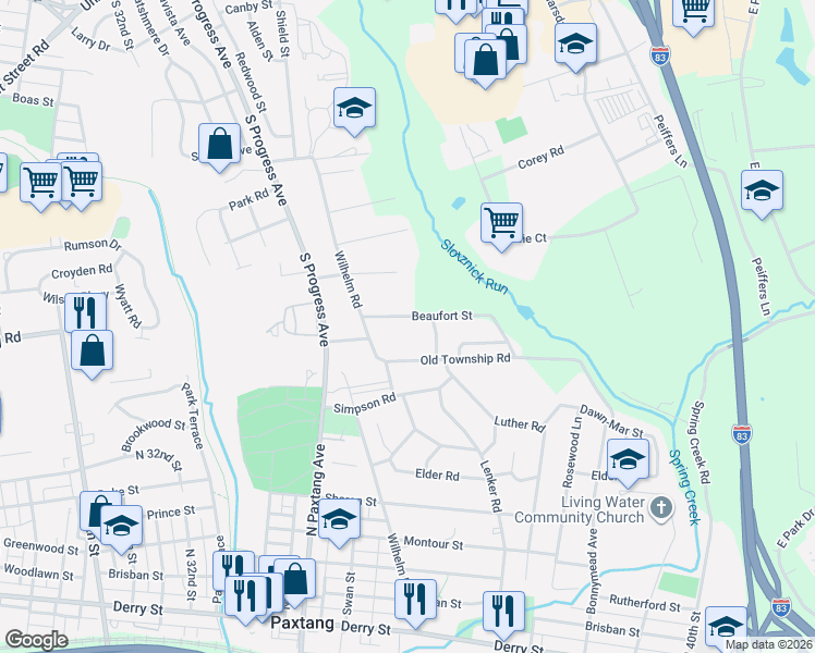 map of restaurants, bars, coffee shops, grocery stores, and more near 1109 Wilhelm Road in Harrisburg
