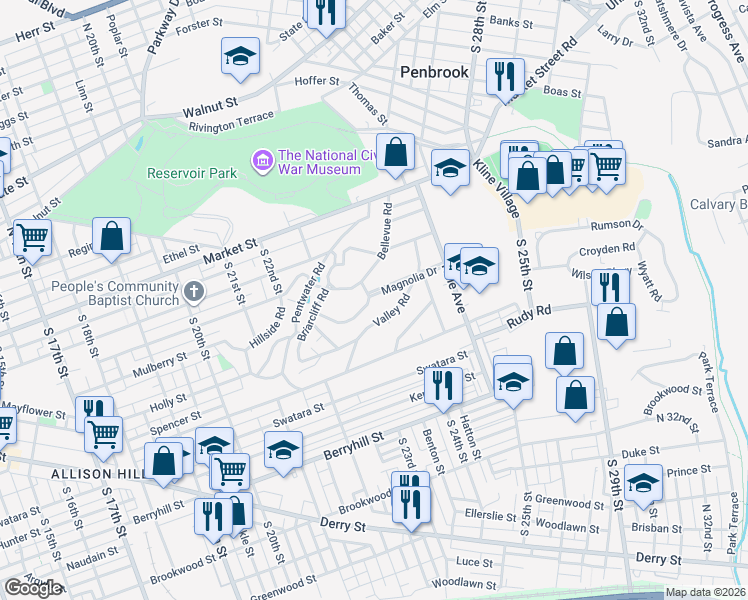 map of restaurants, bars, coffee shops, grocery stores, and more near 2313 Oakwood Road in Harrisburg