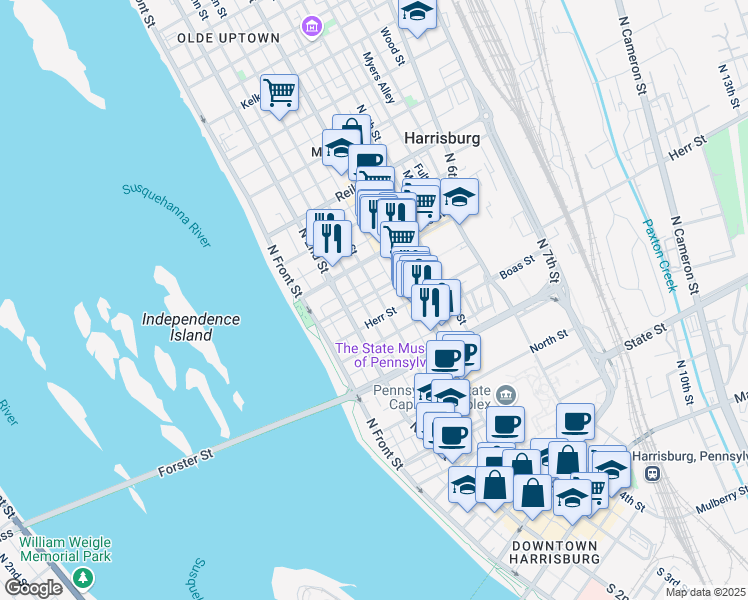 map of restaurants, bars, coffee shops, grocery stores, and more near 1110 Penn Street in Harrisburg