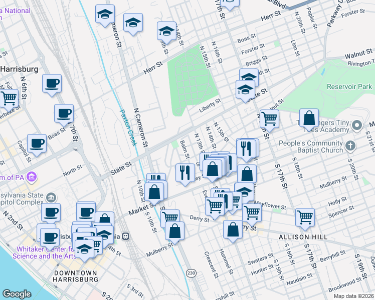 map of restaurants, bars, coffee shops, grocery stores, and more near 1238 Walnut Street in Harrisburg