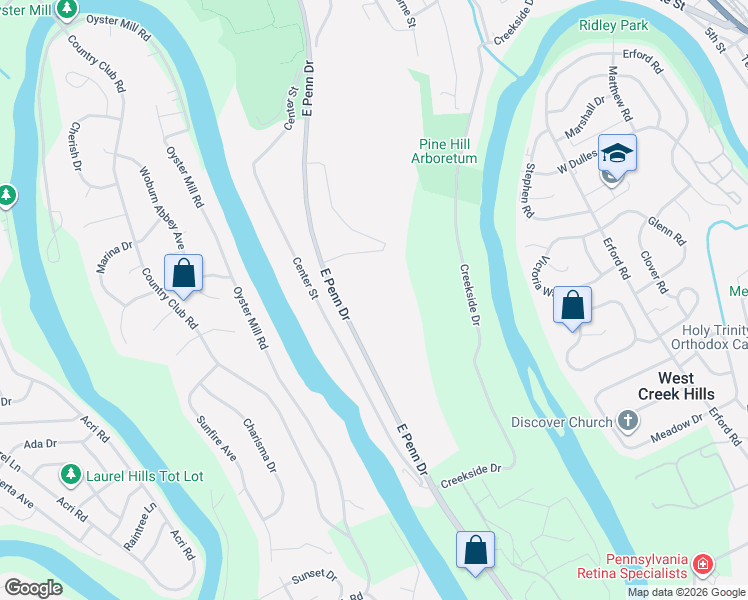 map of restaurants, bars, coffee shops, grocery stores, and more near East Penn Drive in Enola
