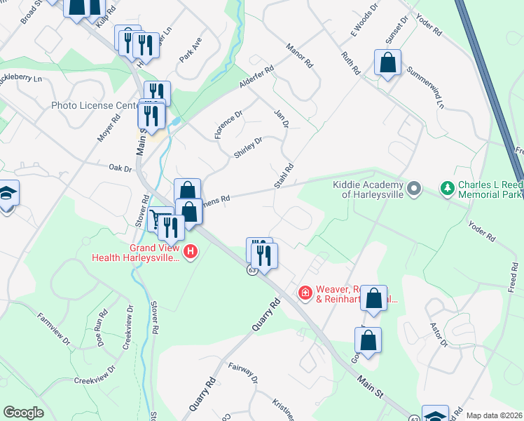 map of restaurants, bars, coffee shops, grocery stores, and more near 313 Buckingham Cir in Harleysville