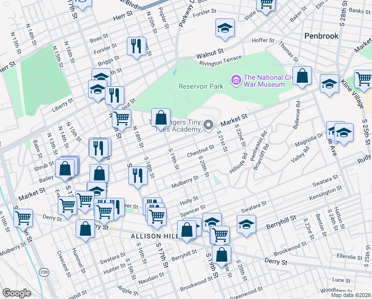 map of restaurants, bars, coffee shops, grocery stores, and more near in Harrisburg