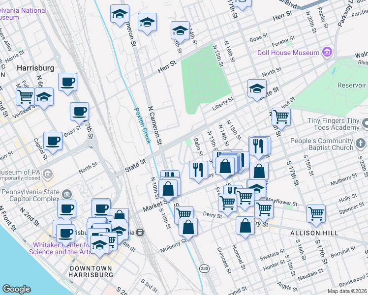 map of restaurants, bars, coffee shops, grocery stores, and more near 121 King Street in Harrisburg