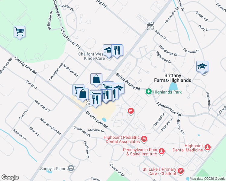 map of restaurants, bars, coffee shops, grocery stores, and more near 800 Manor Drive in Chalfont