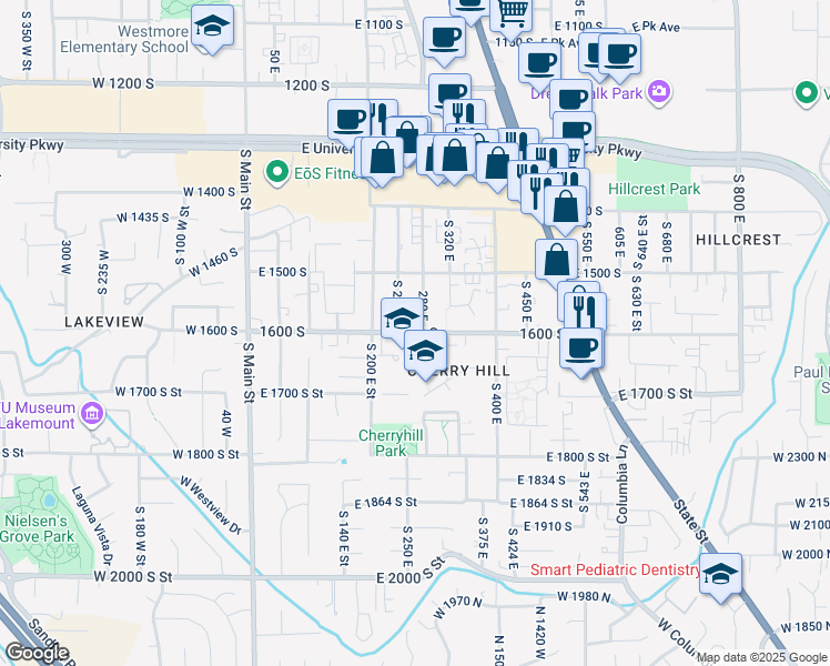 map of restaurants, bars, coffee shops, grocery stores, and more near 256 1600 south in Orem