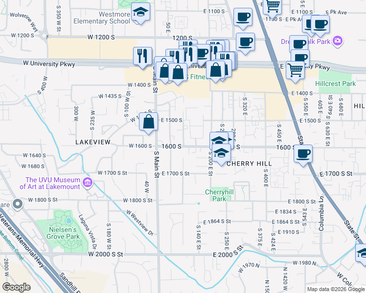 map of restaurants, bars, coffee shops, grocery stores, and more near 99 1600 south in Orem