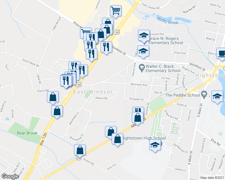map of restaurants, bars, coffee shops, grocery stores, and more near 25 Geraldine Road in East Windsor