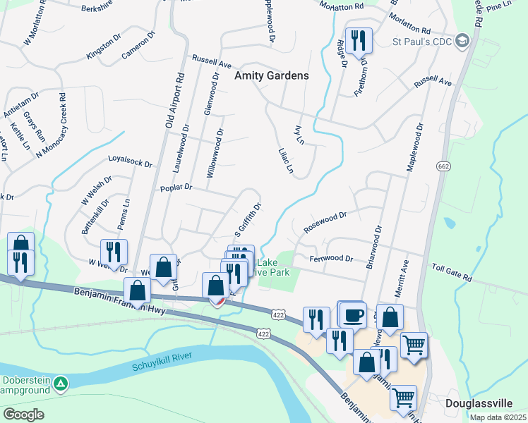 map of restaurants, bars, coffee shops, grocery stores, and more near 21 Cedar House in Douglassville