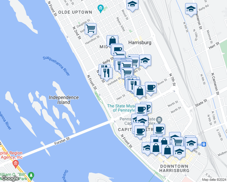 map of restaurants, bars, coffee shops, grocery stores, and more near 214 Cumberland Street in Harrisburg