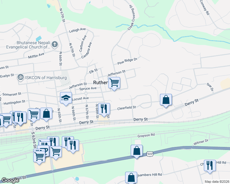 map of restaurants, bars, coffee shops, grocery stores, and more near 7011 Somerset Street in Harrisburg