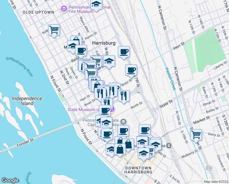 map of restaurants, bars, coffee shops, grocery stores, and more near in Harrisburg