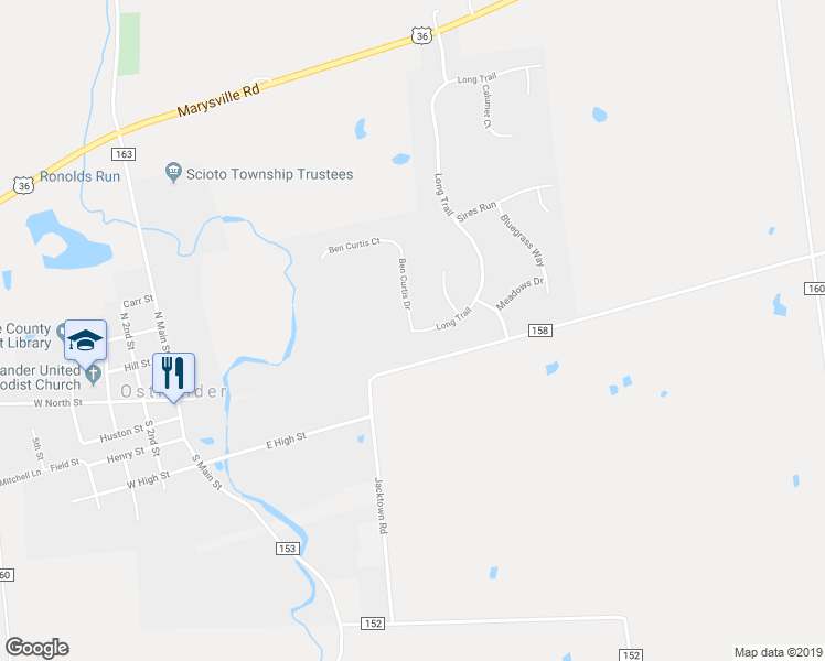 map of restaurants, bars, coffee shops, grocery stores, and more near 170 Long Trail in Ostrander