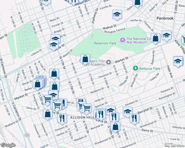 map of restaurants, bars, coffee shops, grocery stores, and more near 1910 Zarker Street in Harrisburg