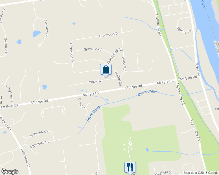 map of restaurants, bars, coffee shops, grocery stores, and more near 1015 Mount Eyre Road in Washington Crossing