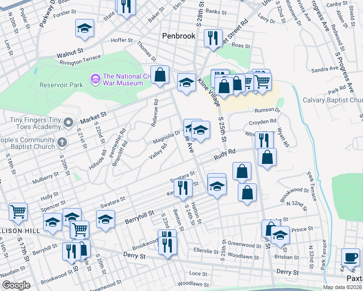 map of restaurants, bars, coffee shops, grocery stores, and more near 210 Hale Avenue in Harrisburg