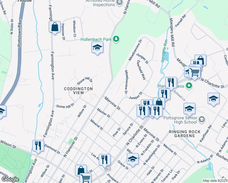 map of restaurants, bars, coffee shops, grocery stores, and more near 1275 Whitespire Circle in Pottstown