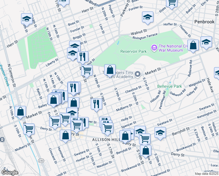 map of restaurants, bars, coffee shops, grocery stores, and more near 1841 Market Street in Harrisburg