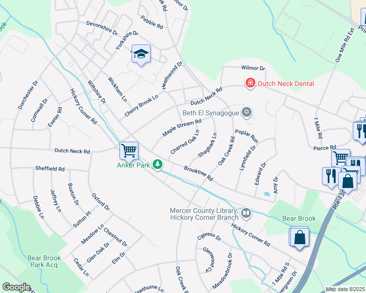 map of restaurants, bars, coffee shops, grocery stores, and more near 2 Charred Oak Lane in East Windsor