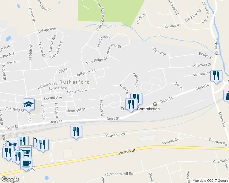 map of restaurants, bars, coffee shops, grocery stores, and more near 7254 Huntingdon Street in Harrisburg